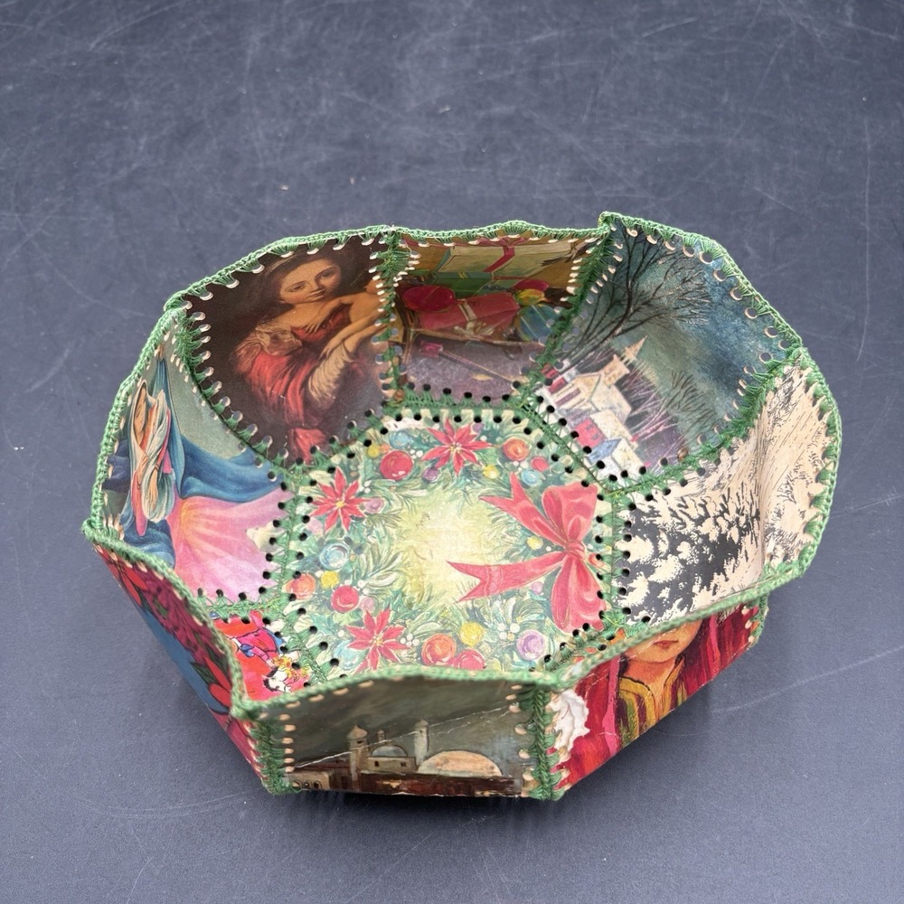 Vtg HANDMADE MCM Crocheted CHRISTMAS CARD BASKET BOWL